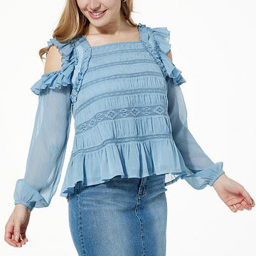 G by Giuliana Black Label Cold-Shoulder Lace Mix Blouse - fashioncurb