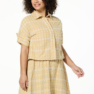 Model wearing Wheat Colored Relaxed fit embroidered top - fashioncurb