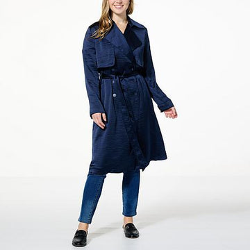 DG2 hoodless silk trench coat with wide lapels and elegant drape. - fashioncurb