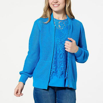 The front view of the DG Crochet Zip Front Cardigan in TrkBlu highlights crochet details and zip closure. - fashioncurb