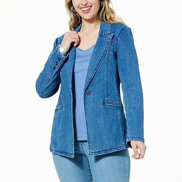 Front view of the Wynne Denim Blazer in Indigo Rinse, a stylish women's flared blazer featuring a notched lapel and single-button closure.- fashioncurb