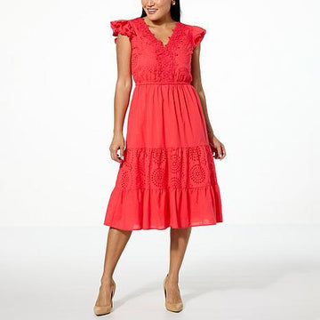 Easter dress midi in vibrant hibiscus with tiered puff sleeves - fashioncurb