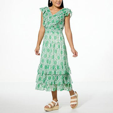 Elegant green floral maxi dress with V-neckline - fashioncurb