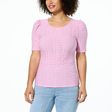 Pink puff sleeve shirt with eyelet detailing for women
