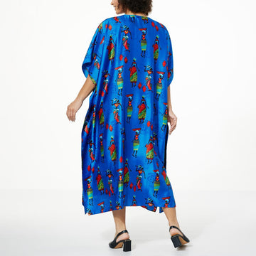 Back View of Model wearing Relaxed fit blue caftan with elegant drape