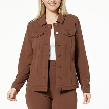 Woman wearing cocoa-colored twill jacket- fashioncurb