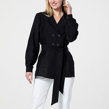 Front view of DG2 Easy Flow Blouse & Topper in Black, featuring a waist-length cotton blouse with collar and coordinating topper. - fashioncurb