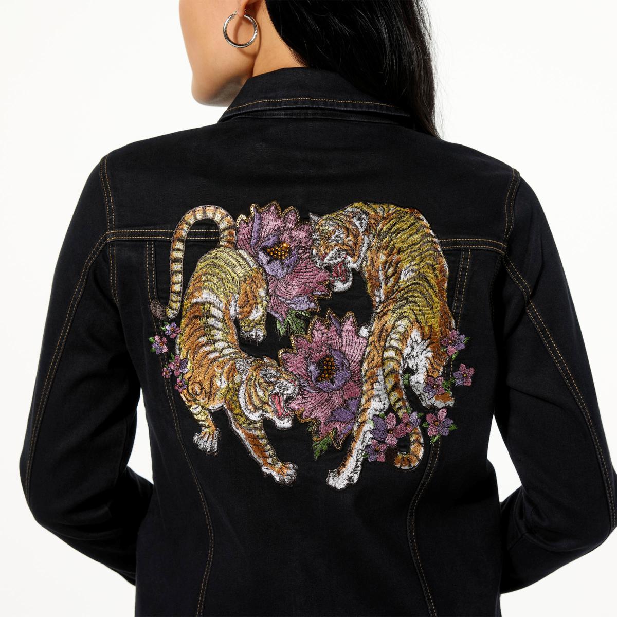 DG2 by Diane Gilman New Classic Stretch Denim Embroidered Jean Jacket - fashioncurb