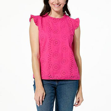 Model wearing Raspberry flutter sleeve eyelet top - fashioncurb
