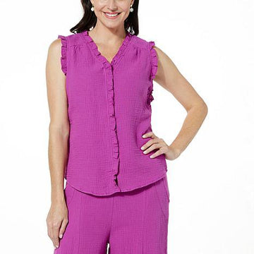 Front View of model wearing Berry Crinkle Sleeveless Knit Top - fashioncurb