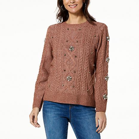 DG2 Embellished Cable Knit Sweater - fashioncurb