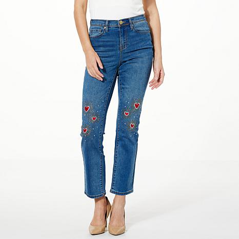 DG2 by Diane Gilman New Classic Stretch Denim Embellished Heart Jean