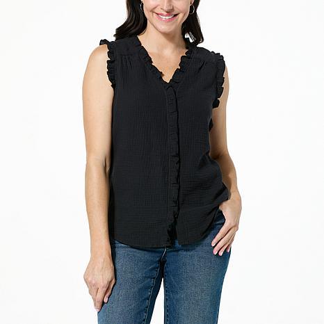 Front View of model wearing Berry Crinkle Sleeveless Knit Top - fashioncurb