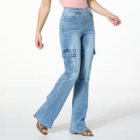 DG2 by Diane Gilman New Classic Stretch Denim Pull-On Cargo Flare Jean