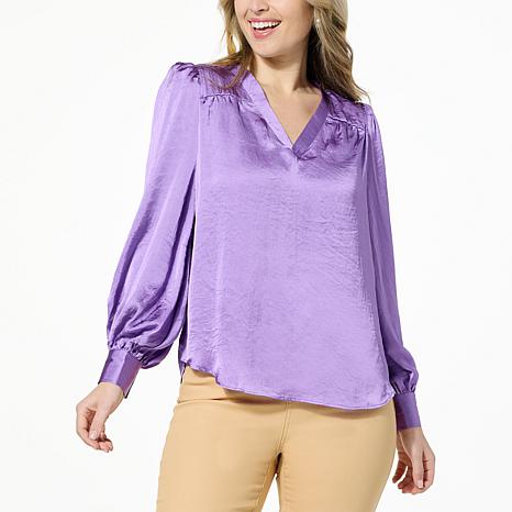 DG2 by Diane Gilman Satin V-Neck Puff-Sleeve Blouse