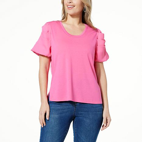 DG2 by Diane Gilman Combo Pleated Puff-Sleeve Tee