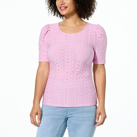 Lacey Chabert Puff-Sleeve Stretch Eyelet Knit Top