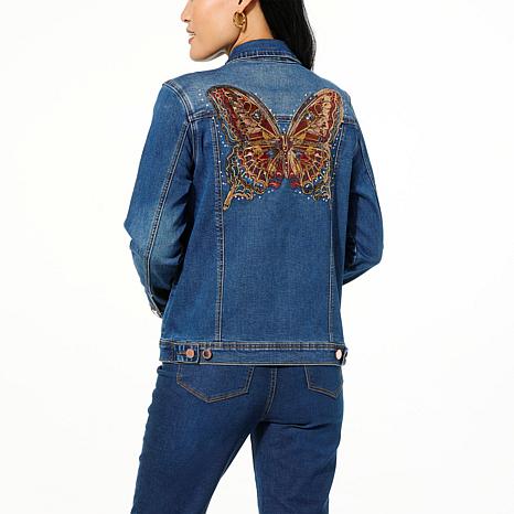 DG2 by Diane Gilman New Classic Stretch Denim Embroidered Jean Jacket