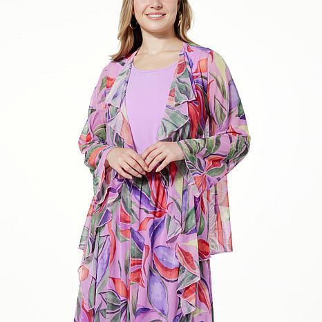 Antthony Printed Mesh Knit Long-Sleeve Ruffle Topper - fashioncurb