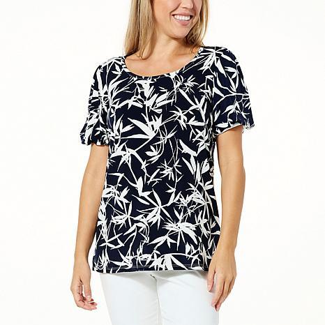 Nina Leonard Balloon Sleeve Jeweled Neckline Top - fashioncurb