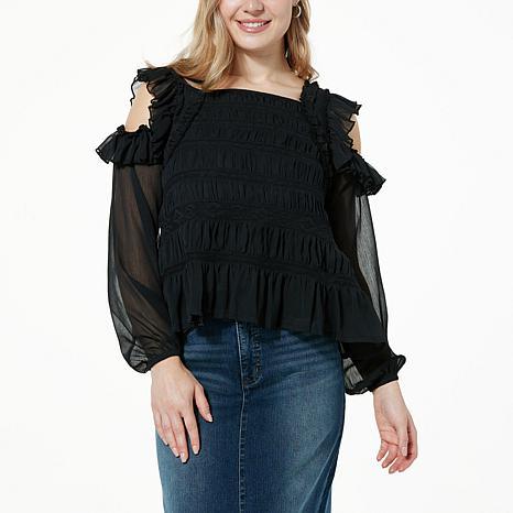 G by Giuliana Black Label Cold-Shoulder Lace Mix Blouse - fashioncurb