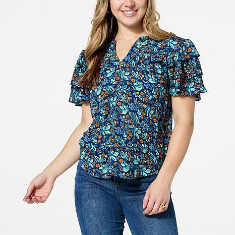 Democracy Printed Triple Layer Flounce Sleeve Woven Top - fashioncurb