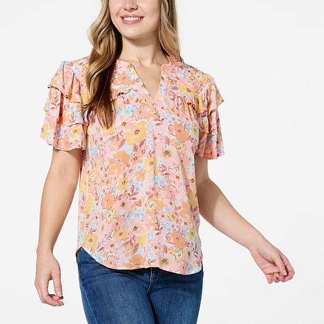 Democracy Printed Triple Layer Flounce Sleeve Woven Top - fashioncurb