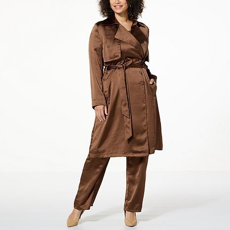 DG2 hoodless silk trench coat with wide lapels and elegant drape. - fashioncurb