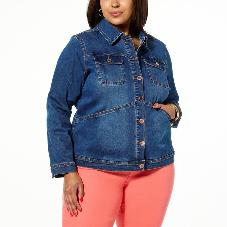 Plus-size woman in DG2 by Diane Gilman stretch denim jacket, styled with front pockets, button-up design, and flattering seam lines.