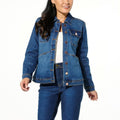Woman wearing DG2 by Diane Gilman stretch denim jacket in deep indigo blue, showcasing front button closure and chest pockets.