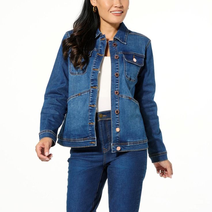 Woman wearing DG2 by Diane Gilman stretch denim jacket in deep indigo blue, showcasing front button closure and chest pockets.