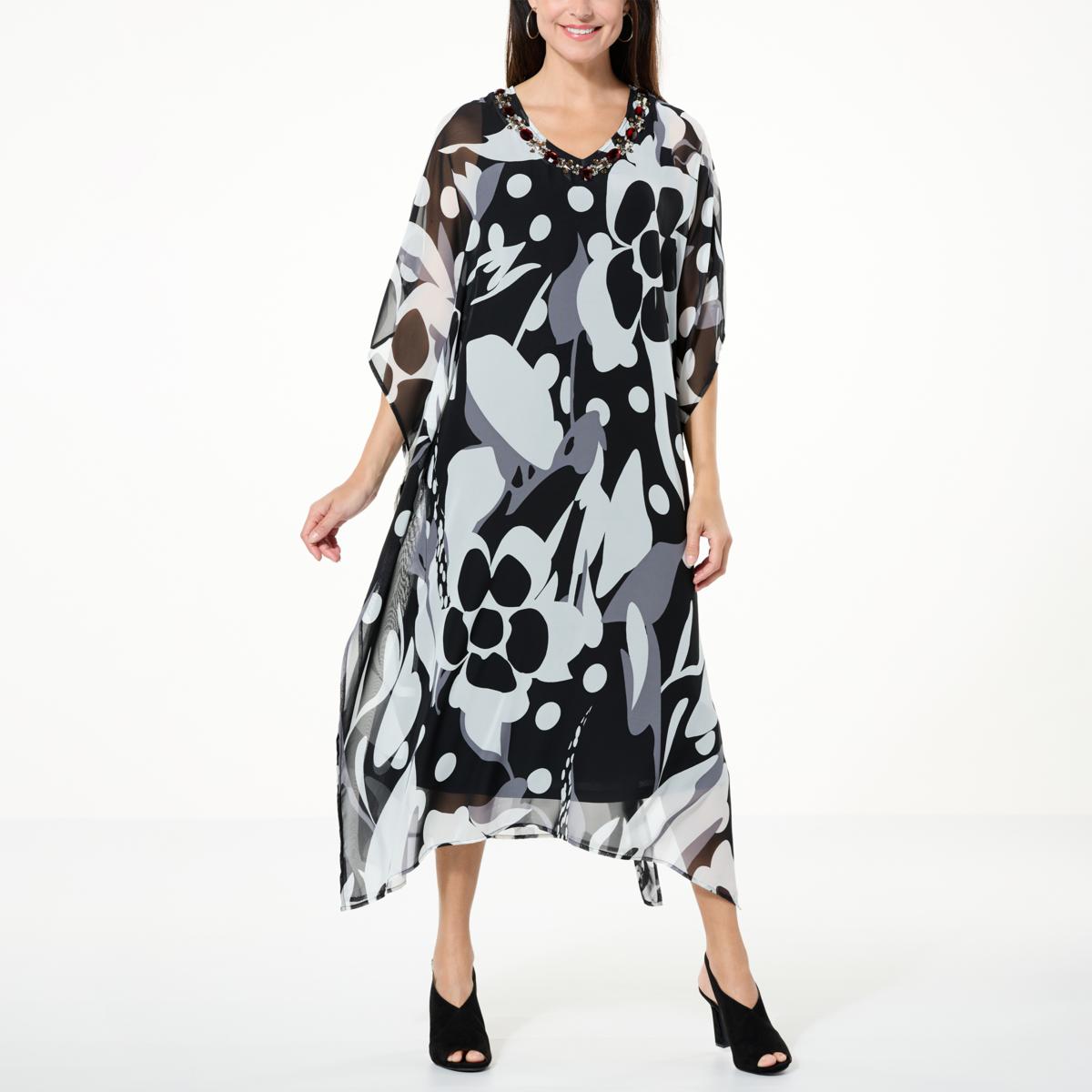 Antthony Printed Chiffon Beaded Caftan with Tank Dress