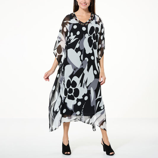 Antthony Printed Chiffon Beaded Caftan with Tank Dress