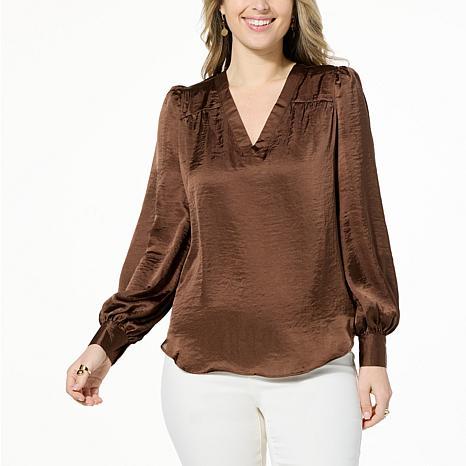 DG2 by Diane Gilman Satin V-Neck Puff-Sleeve Blouse