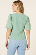 A young woman is shown from behind wearing a Democracy Embroidered Puff-Sleeve Top in sage green, paired with light blue high-waisted jeans. The top features intricate floral embroidery on the puff sleeves, while her straight, light blonde hair cascades down her back. Gold hoop earrings complete the look, all captured against a soft beige backdrop.