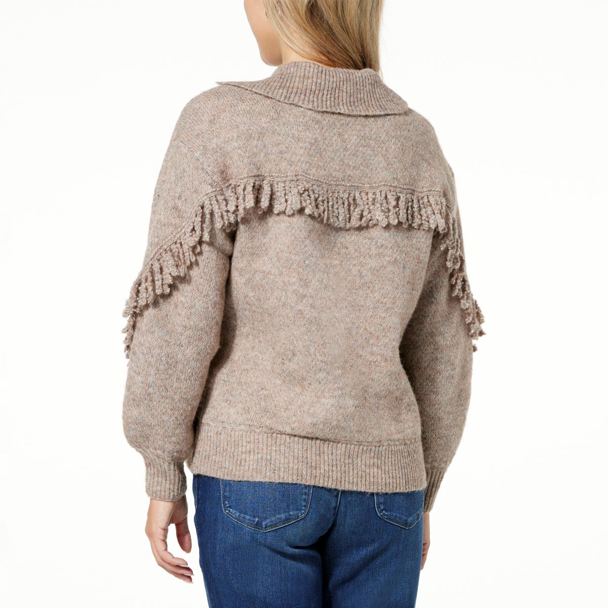 Democracy Long Blouson Sleeve Cascading Fringe Sweater