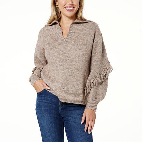 Democracy Long Blouson Sleeve Cascading Fringe Sweater - fashioncurb