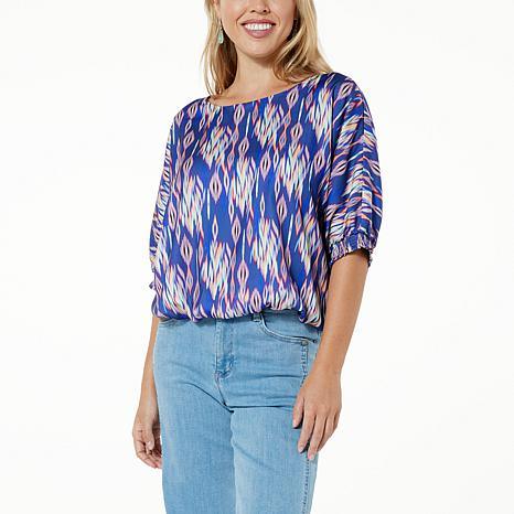 Democracy Printed Woven Puff-Sleeve Bubble Hem Top - fashioncurb