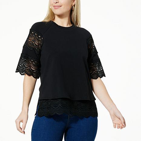 DG2 lace-trim easy top styled with jeans - fashioncurb