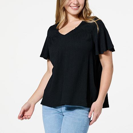 DG2 by Diane Gilman Plissé Knit Flutter-Sleeve V-Neck Top