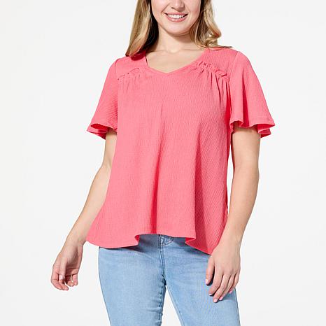 DG2 by Diane Gilman Plissé Knit Flutter-Sleeve V-Neck Top