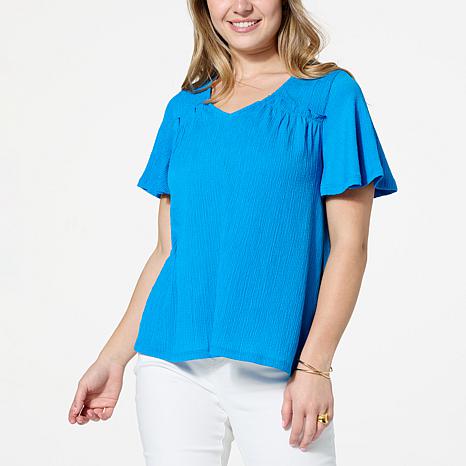 DG2 by Diane Gilman Plissé Knit Flutter-Sleeve V-Neck Top