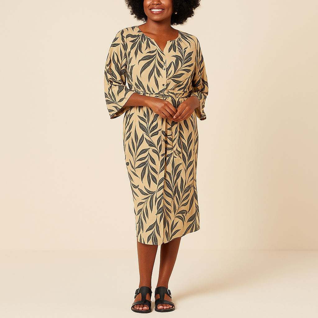  African American woman wearing a G by Giuliana Printed Crepe Button-Up Duster Shirtdress in the Iced Coffee Combo, featuring a beige base with bold black leaf patterns. The dress is styled with a waist tie, three-quarter sleeves, and a flowing midi length, paired with black sandals. The model stands confidently with a warm smile against a soft beige background.