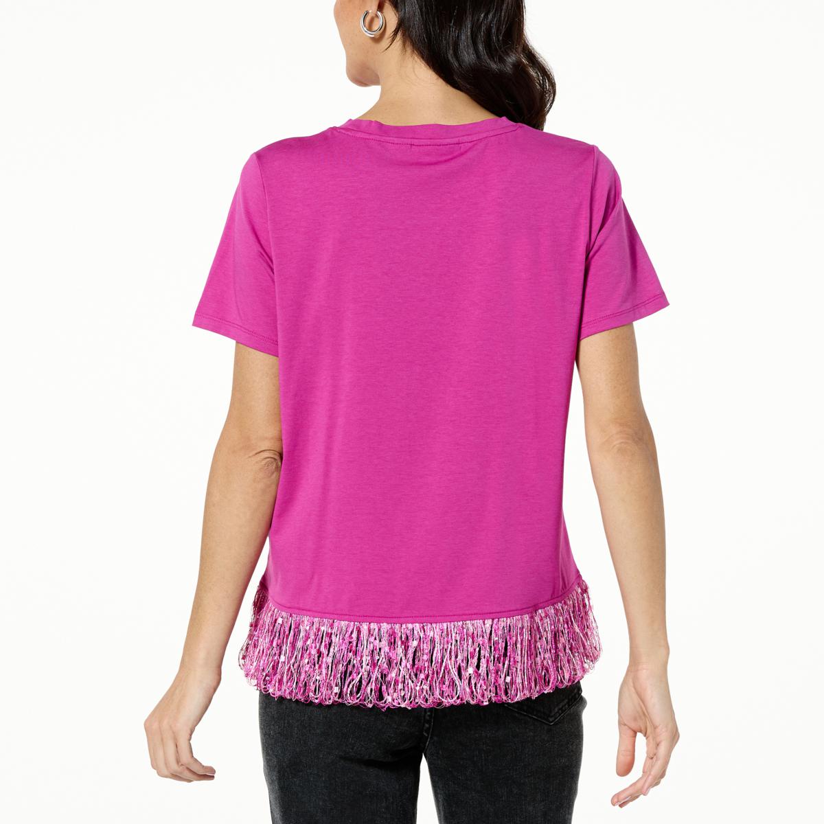 G by Giuliana Short-Sleeve Knit Top with Fringe Trim