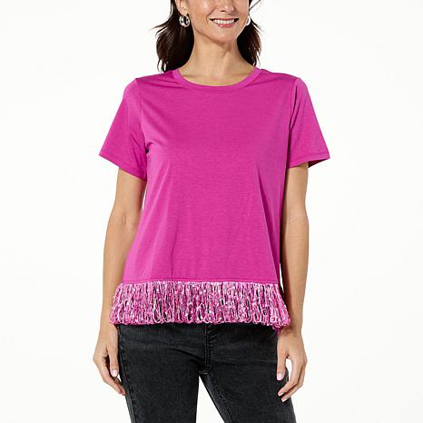 G by Giuliana Short-Sleeve Knit Top with Fringe Trim