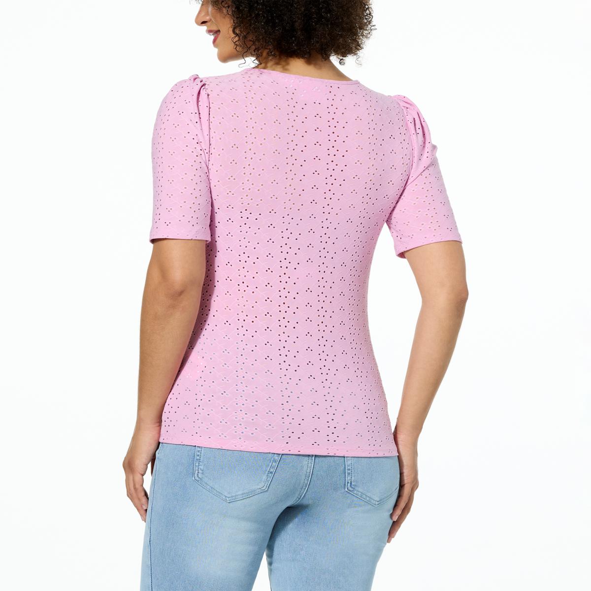 Lacey Chabert Puff-Sleeve Stretch Eyelet Knit Top