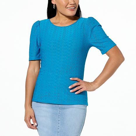 Lacey Chabert Puff-Sleeve Stretch Eyelet Knit Top