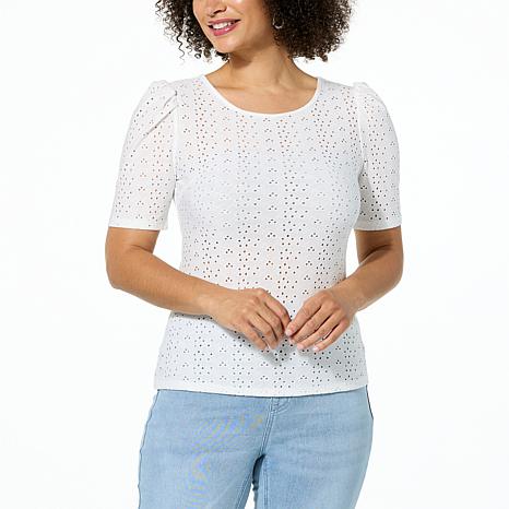 Lacey Chabert Puff-Sleeve Stretch Eyelet Knit Top