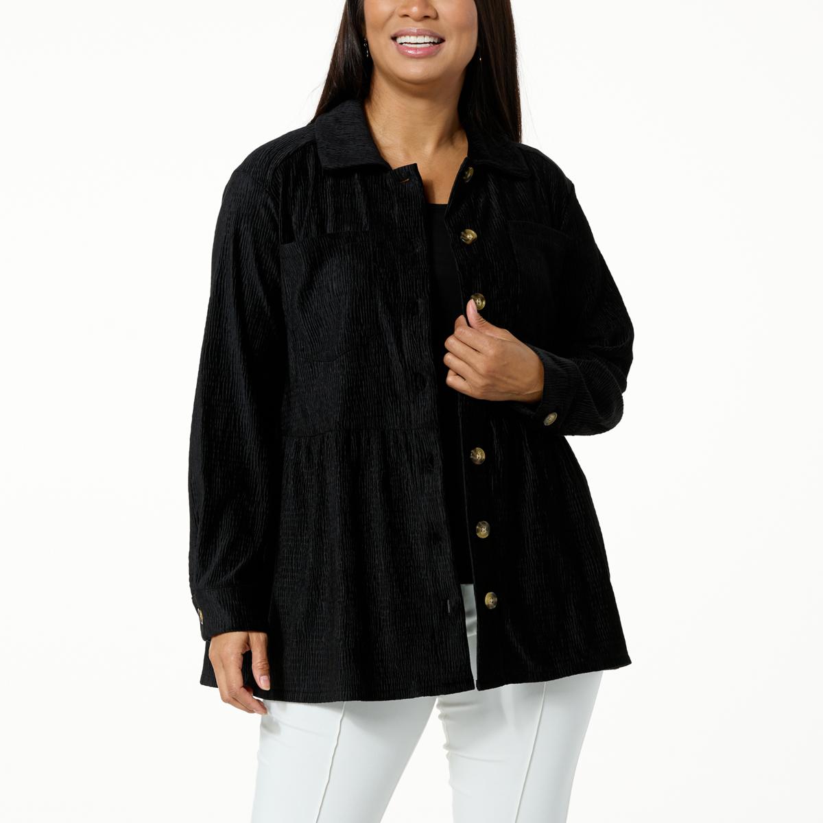 Nina Leonard Long-Sleeve Corduroy Pleat Shacket